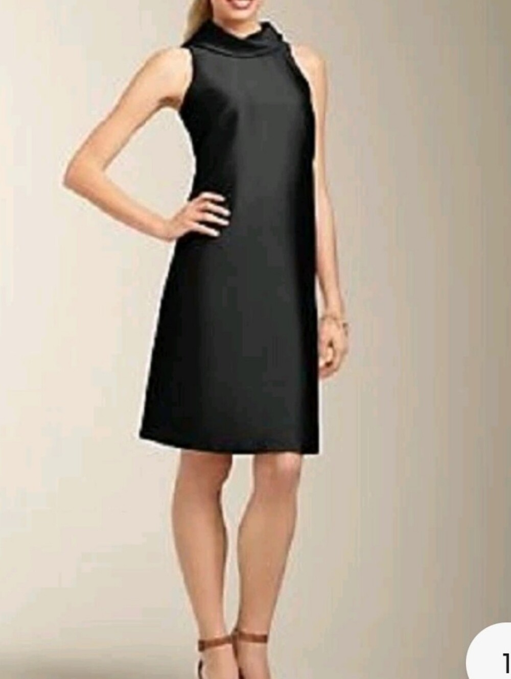 Talbots Sleeveless LBD Doupione Silk Cowelneck 12 Blk Shift Midi Dress Demure